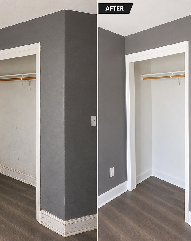 Before and after residential deep cleaning walls, baseboards, and floors.