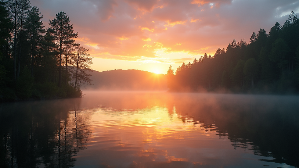 Eye-level view of a calm lake surrounded by trees at sunset