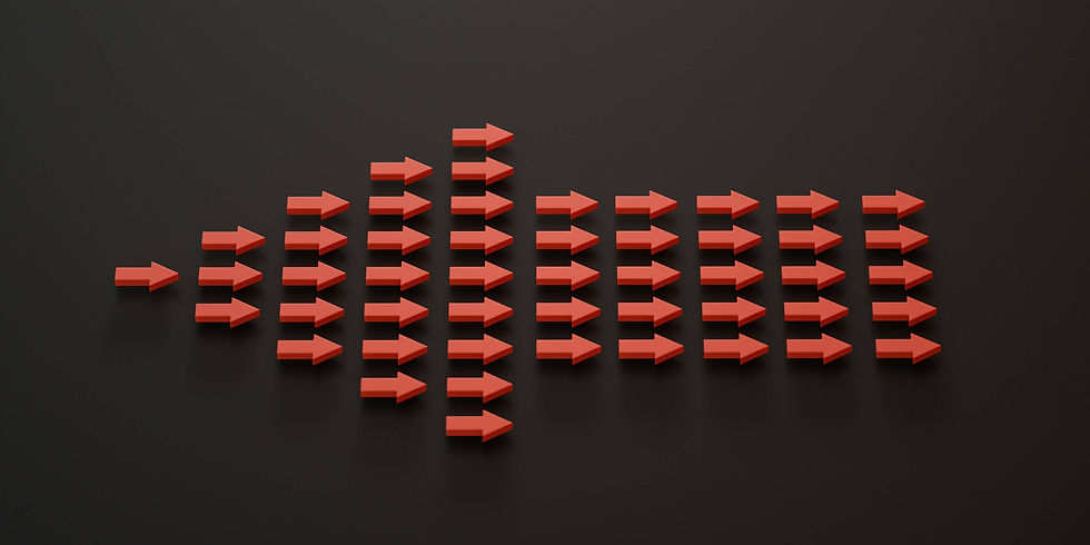 Viele kleine rote Pfeile nach rechts formen gemeinsam einen großen Pfeil nach links – Symbol für Führungsparadoxien, Balance und Widersprüche in der modernen Führung in der Schweiz, St. Gallen, Thurgau, Zürich, Rheintal und Ostschweiz.