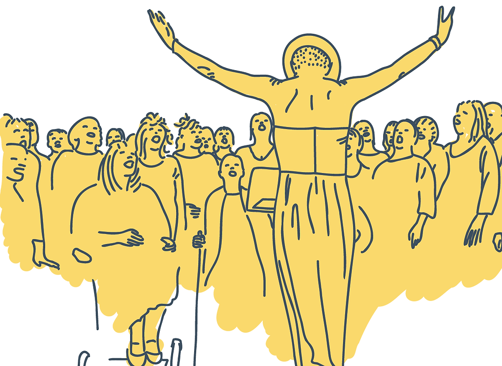 A person with arms raised addresses a diverse crowd, evoking a sense of unity. Background is filled with yellow and thin blue outlines.