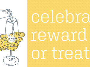 Hand pouring liquid into a champagne flute. Yellow background with "celebrate reward or treat" in white text. Festive mood.