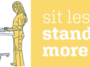 Woman standing at desk with laptop. Yellow background with "sit less stand more" text. Illustration style, calm mood.