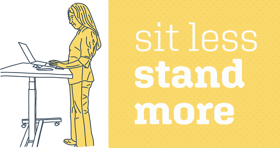 Woman standing at desk with laptop. Yellow background with "sit less stand more" text. Illustration style, calm mood.