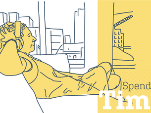 Person relaxing with headphones, leaning on a couch, cityscape in background. Yellow and blue sketch with text: "Spending Time."