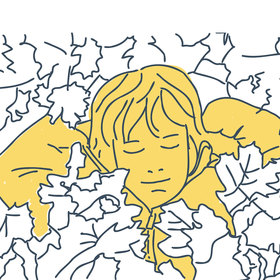 Simple illustration of a boy lying in fallen leaves
