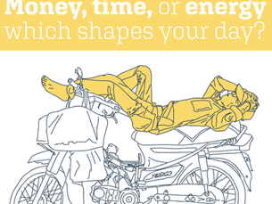 Person in yellow relaxes on a motorcycle with bags, set against a dotted yellow background. Text reads, "Money, time, or energy which shapes your day?"