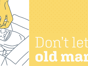 Hands tying a shoe lace in a box on the left, with "Don't let the old man in" text on a yellow background with polka dots on the right.