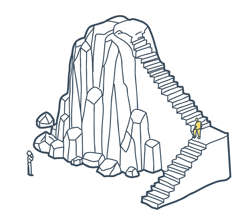 isometric illustration of two people climbing, one up a steep cliff, the other up gradual steps