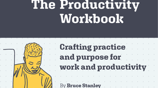 Cover of "Day Crafting: The Productivity Workbook" by Bruce Stanley. Yellow illustration of person writing. Text highlights productivity tips.