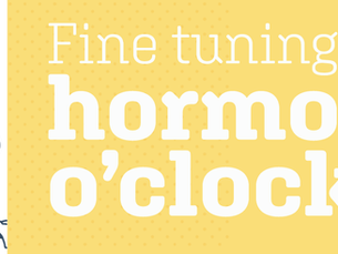 Woman stretching in a yoga pose on the left. Yellow background with text: "Fine tuning to hormone o'clock" in white. Calm mood.