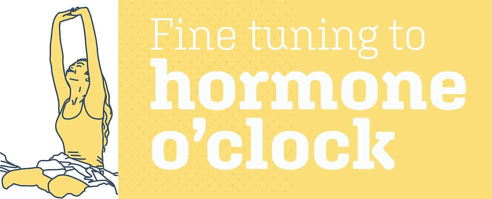 Woman stretching in a yoga pose on the left. Yellow background with text: "Fine tuning to hormone o'clock" in white. Calm mood.