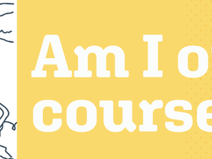 Person in a yellow jacket overlooking a scenic path. Yellow background with "Am I off course?" text. Reflective mood.