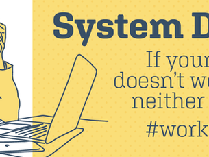 Frustrated figure holding head by laptop. Text: "System Debt? If your system doesn’t work then neither will you #workSmarter" on yellow background.
