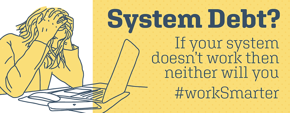 Frustrated figure holding head by laptop. Text: "System Debt? If your system doesn’t work then neither will you #workSmarter" on yellow background.