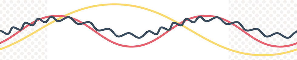 Wavy lines in red, yellow, and navy intersect on a white background with dotted patterns on sides. The mood is dynamic and abstract.