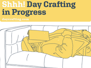 Person in yellow outfit napping on couch with book on face. Text: "Shhh! Day Crafting in Progress" on yellow background. Relaxing mood.