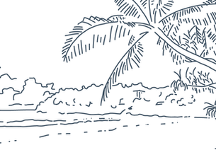 Simple line drawing of a tropical beach scene with palm trees and a person relaxing on a chair. Calm and serene atmosphere.