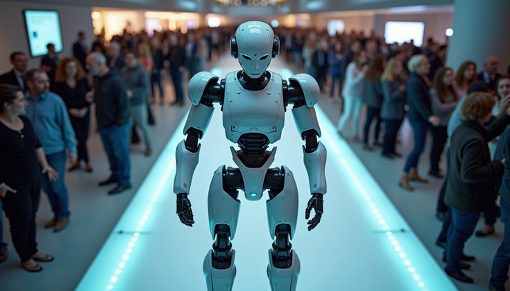 High angle view of a robotics demonstration at an international technology event