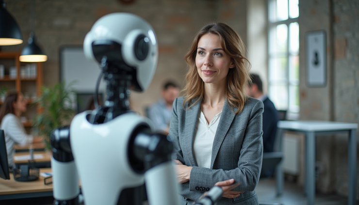 Eye-level view of a female founder presenting AI-driven robotics at a European innovation hub