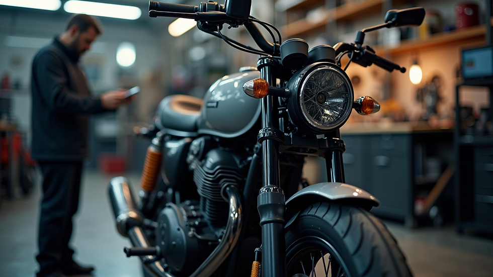 Close-up view of a motorcycle being serviced in a workshop