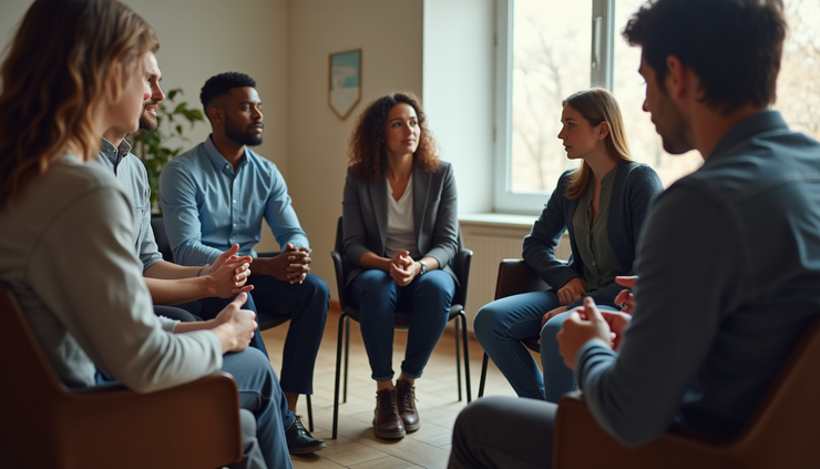 High angle view of a diverse group sitting in a circle having a respectful conversation