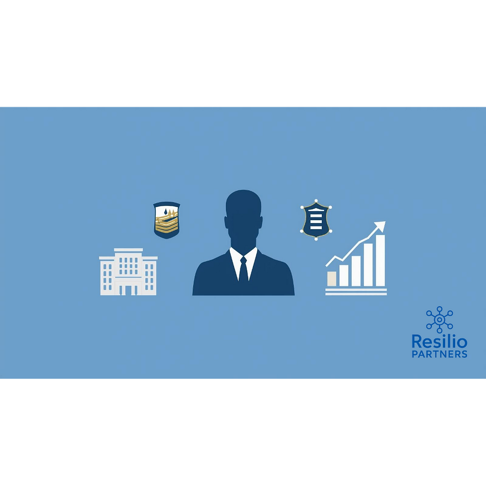 Military veteran transitioning to business ownership with growth chart and professional icons