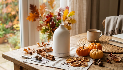 Close-up of a white diffuser beside cinnamon sticks and small pumpkins.