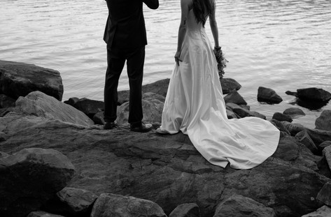 bride and groom on tumbled rocks trail devils lake