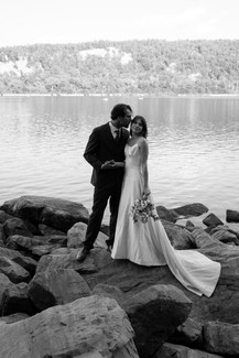 bride and groom on tumbled rocks trail devils lake