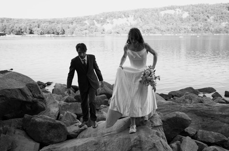 bride and groom on tumbled rocks trail devils lake