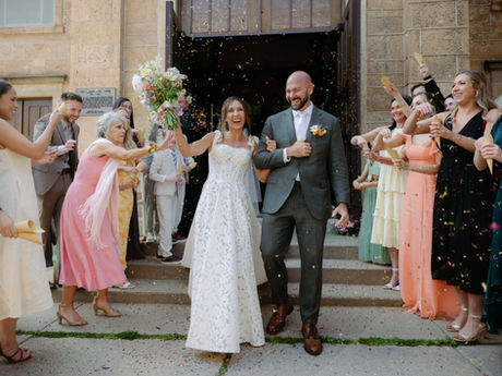 church exit dried flower confetti bride and groom just married