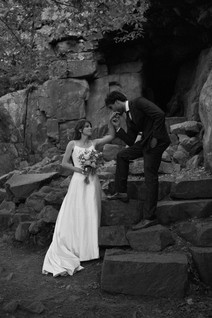 bride and groom at devils lake east bluff trail at sunset
