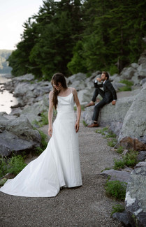 bride and groom on tumbled rocks trail devils lake