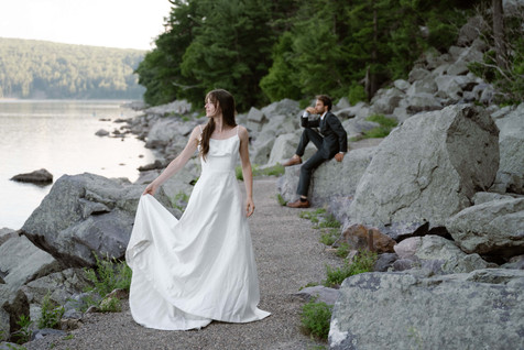 bride and groom on tumbled rocks trail devils lake