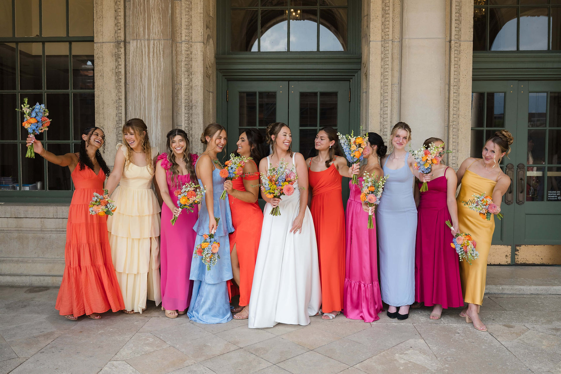 colorful bridesmaids dresses at wisconsin union
