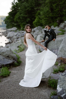 bride and groom on tumbled rocks trail devils lake