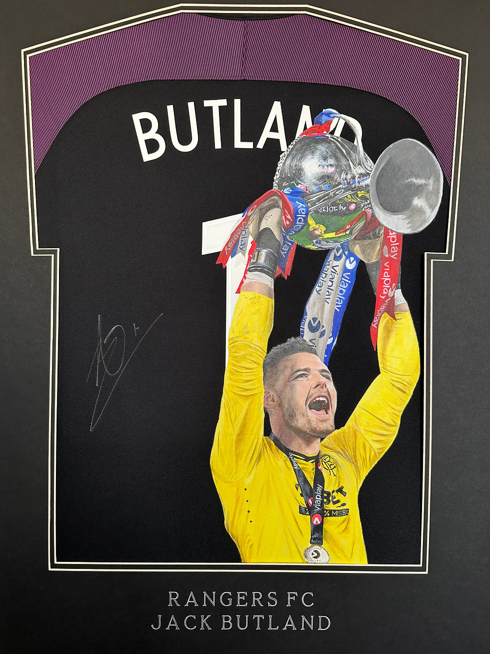 Framed painted jersey of Glasgow Rangers goalkeeper Jack Butland hand painted by Sports Jersey Artist Scott Strachan