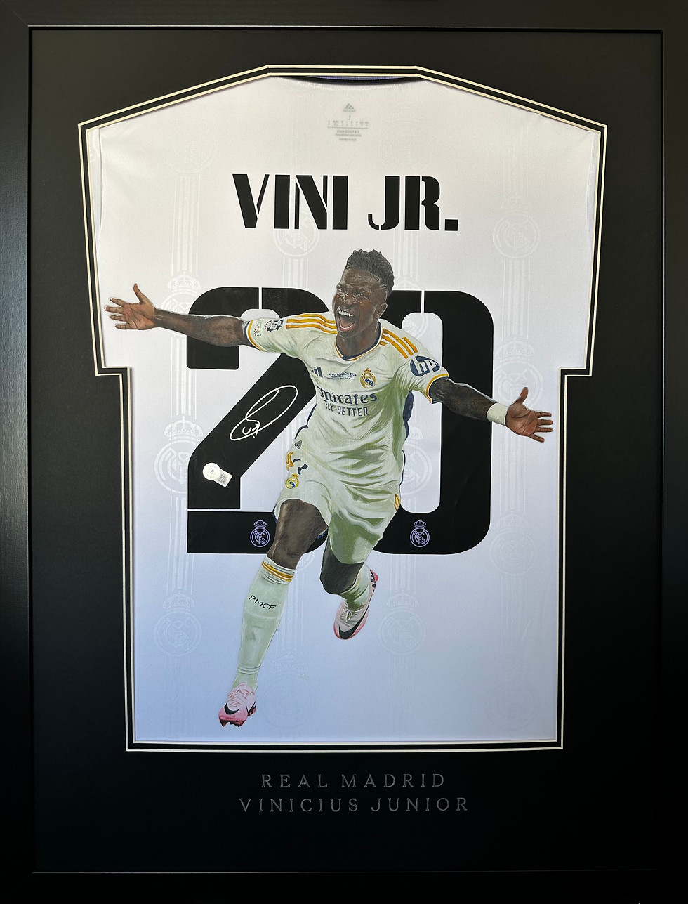 Signed & framed painted jersey of Real Madrid's Vinicius Junior hand painted by Sports Jersey Artist Scott Strachan