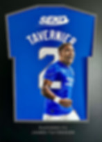 Framed painted jersey of Glasgow Rangers Captain James Tavernier hand painted by Sports Jersey Artist Scott Strachan