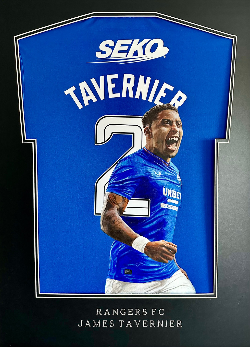 Framed painted jersey of Glasgow Rangers Captain James Tavernier hand painted by Sports Jersey Artist Scott Strachan