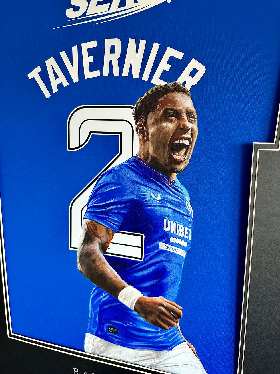 Thumbnail: Painted jersey of Rangers FC player James Tavernier hand painted by Sports Jersey Artist Scott Strachan