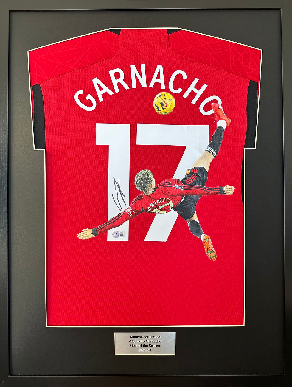 Signed & framed painted jersey of Manchester United's Alejandro Garnacho hand painted by Sports Jersey Artist Scott Strachan