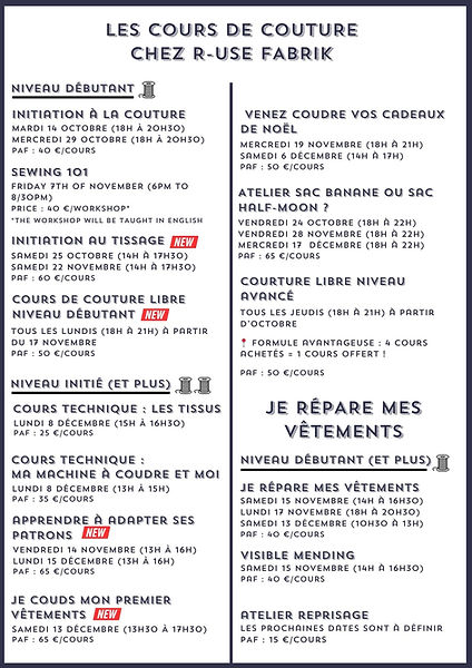 Planning des ateliers R-Use Fabrik à Bruxelles : couture, tricot, broderie, enfants, réparations – tous niveaux.