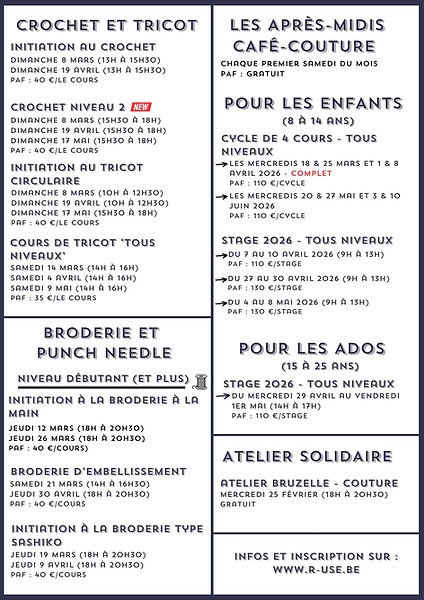 Planning des workshops et cours créatifs chez R-Use Fabrik (couture, tricot, broderie, crochet…).