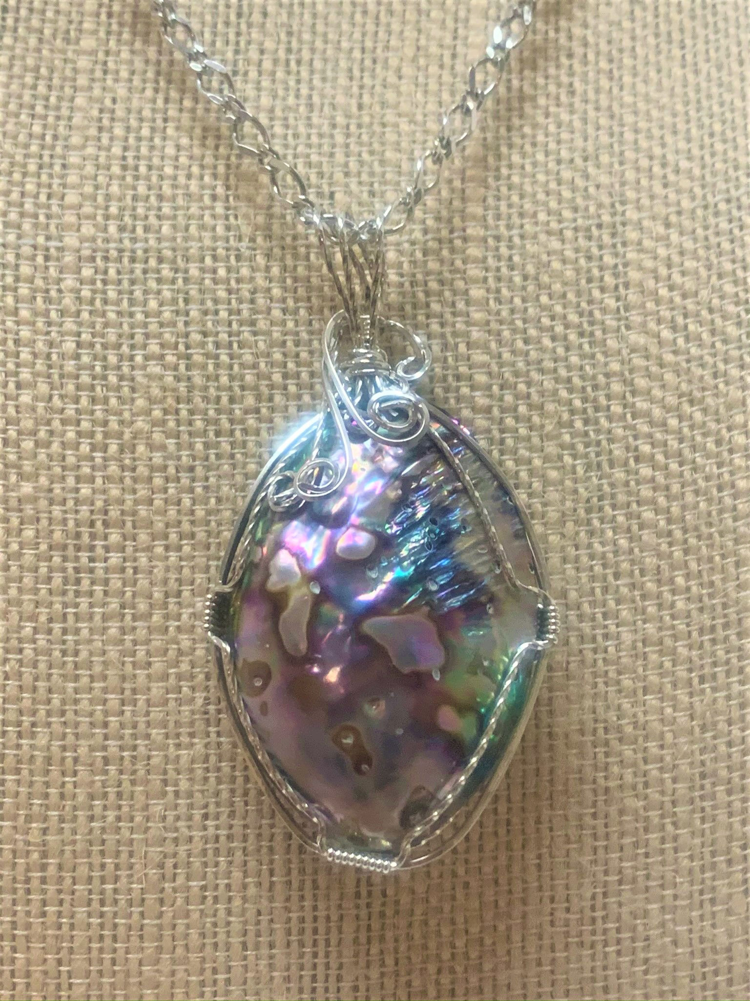 Abalone Wire Wrapped Pendant with Sterling Silver Chain