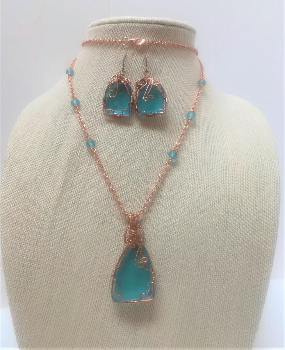 Thumbnail: Turquoise Copper Wire Wrapped Sea Glass Necklace