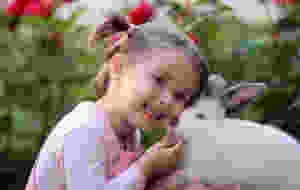 Girl petting white rabbit