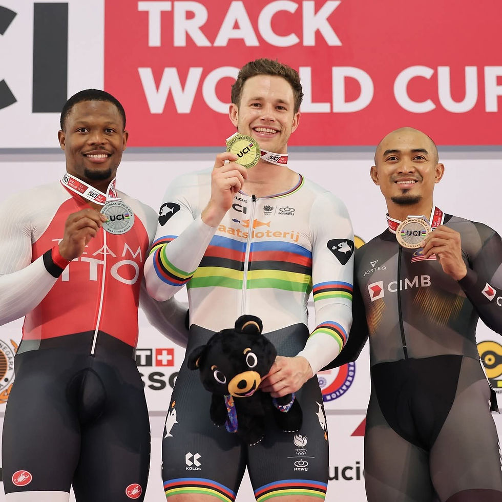 TT cyclist Nicholas Paul (L) is all smiles after claiming sprint silver at the 2026 UCI Track World Cup in Nilai, Malaysia. Photo courtesy UCI .