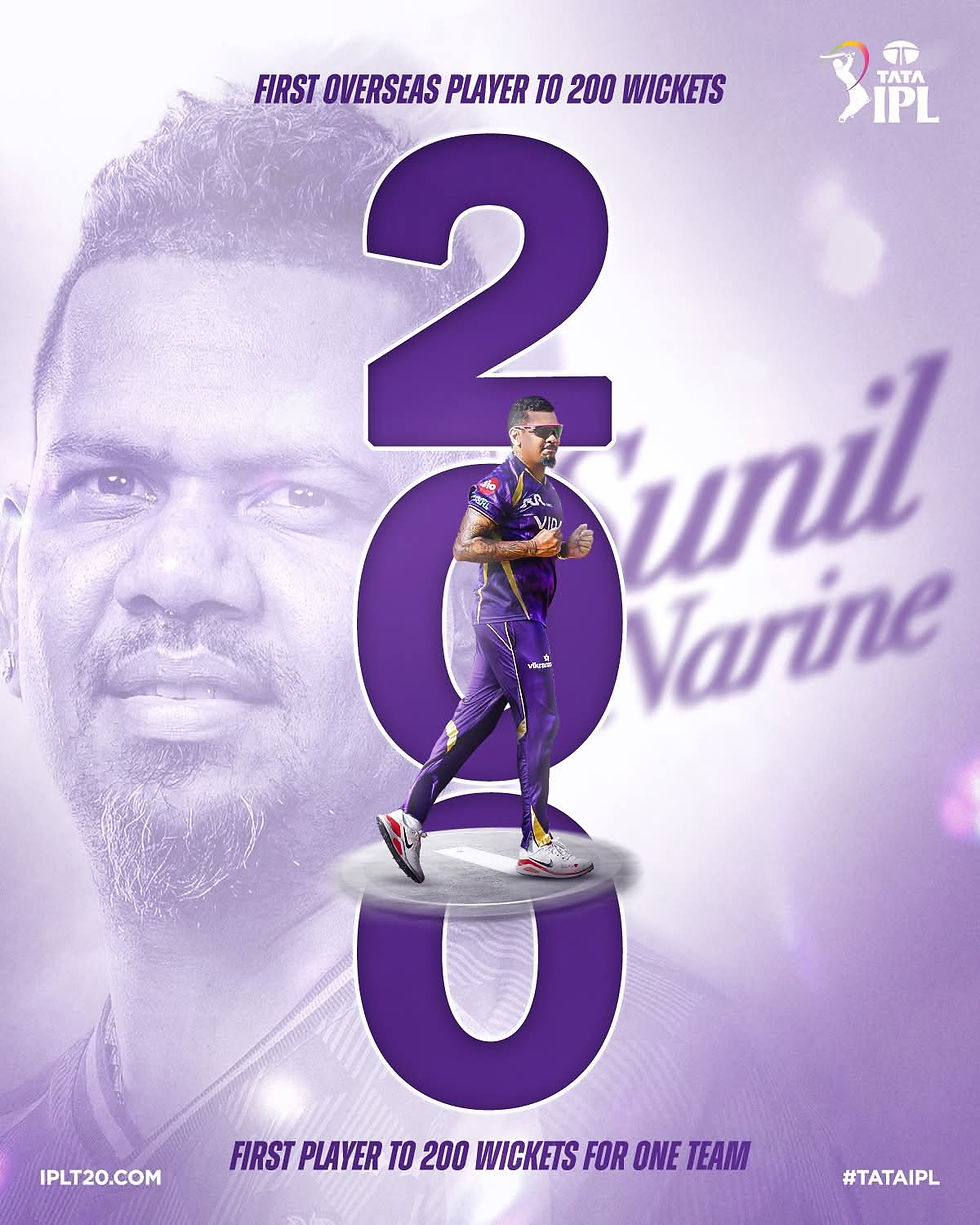 Sunil Narine reaches the 200-wicket milestone in the IPL. Photo courtesy Kolkata Knight Riders