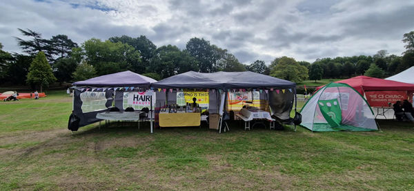 Outdoor community mission event with display tents.